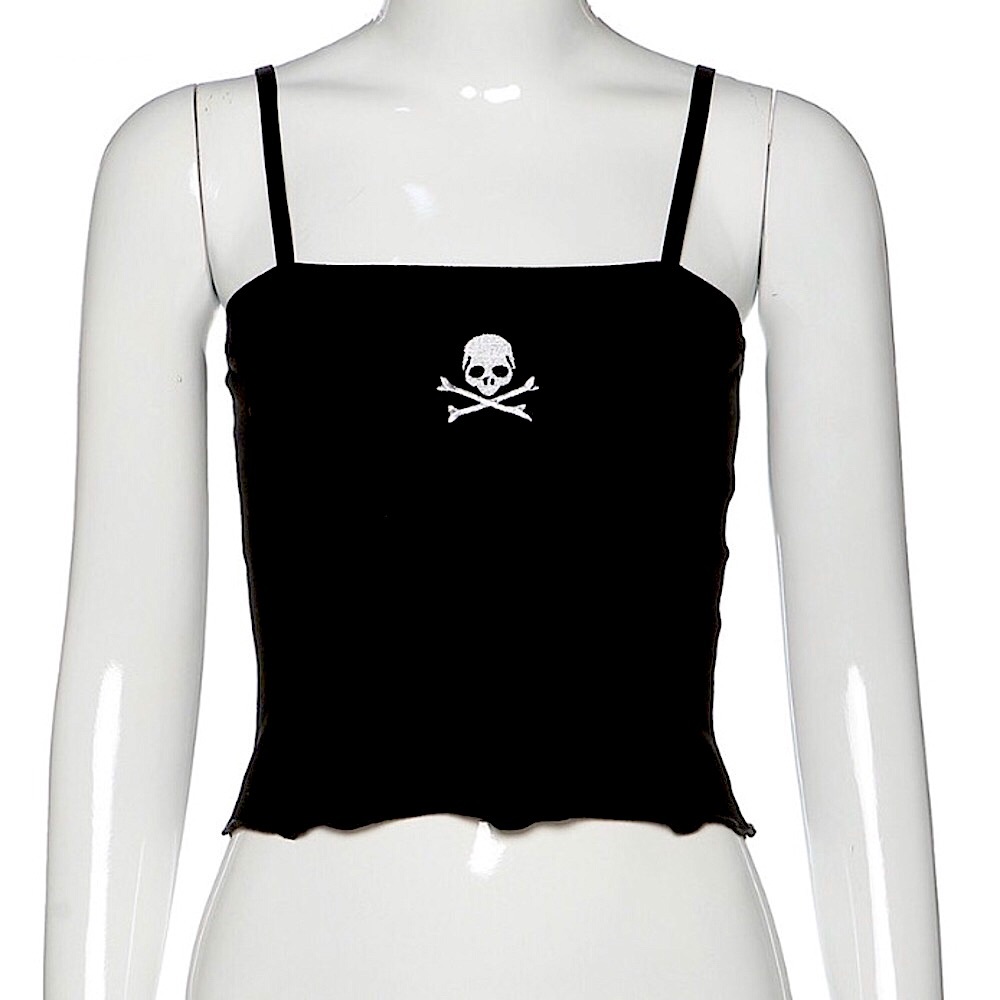 Black skull ☠️ embroidered cropped tank top - Picture 4 of 14